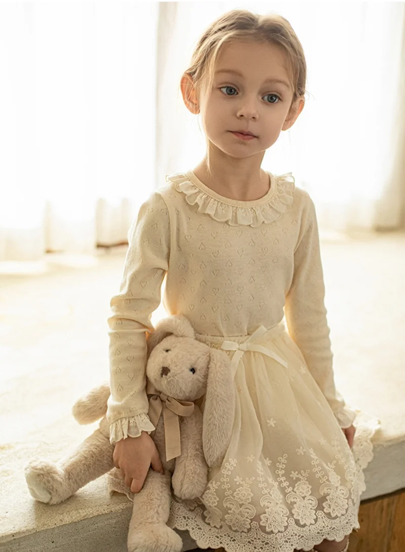 Yoehyaul Girls Pointelle Cotton top with heart design and ruffle lace collar