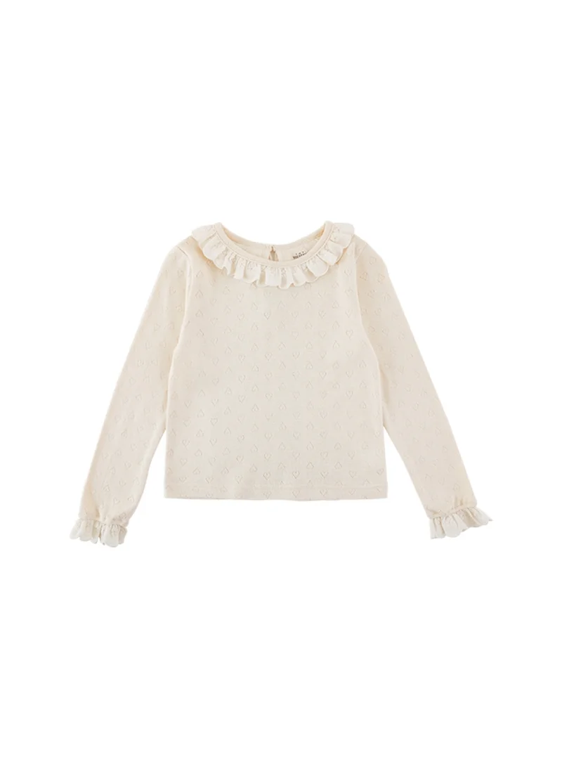 Yoehyaul Girls Pointelle Cotton top with heart design and ruffle lace collar
