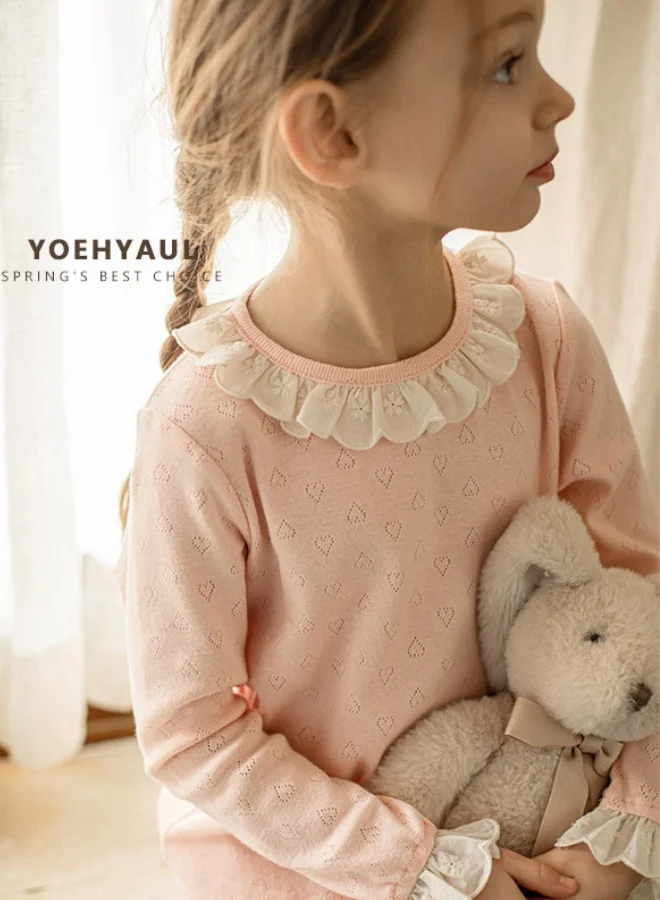 Yoehyaul Girls Pointelle Cotton top with heart design and ruffle lace collar
