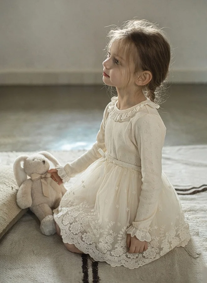 Yoehyaul Girls Pointelle Cotton top with heart design and ruffle lace collar
