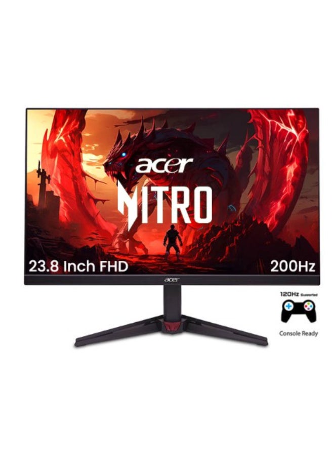 أيسر شاشة الألعاب نيترو VG240Y بحجم 23.8 بوصة، دقة Full HD 1920x1080، HDR 10، تقنية IPS، معدل تحديث 200Hz، زمن استجابة 0.5ms، تقنية AMD FreeSync Premium، تدعم 120Hz على PS5 و Slim / Xbox Series X/S، بدون إطار، مكبرات صوت مدمجة - Image 1