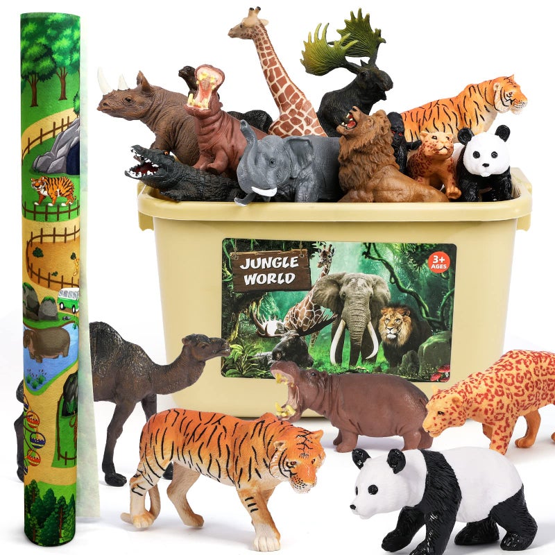 FRUSE Safari Animals Figures Toys w/ 57â€x38.5â€Jumbo Play Mat,12PCS Realistic Jungle Wild Zoo Animals Figurines Playset with Panda,Lion,Elephant,Educational Learning Toys for Toddlers Kids - Image 2