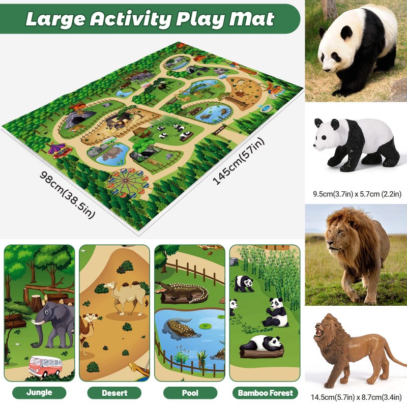 FRUSE Safari Animals Figures Toys w/ 57â€x38.5â€Jumbo Play Mat,12PCS Realistic Jungle Wild Zoo Animals Figurines Playset with Panda,Lion,Elephant,Educational Learning Toys for Toddlers Kids - Image 4