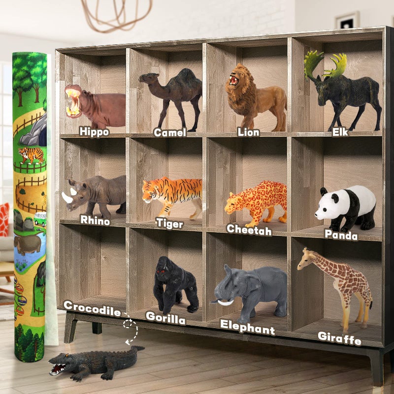 FRUSE Safari Animals Figures Toys w/ 57â€x38.5â€Jumbo Play Mat,12PCS Realistic Jungle Wild Zoo Animals Figurines Playset with Panda,Lion,Elephant,Educational Learning Toys for Toddlers Kids - Image 3
