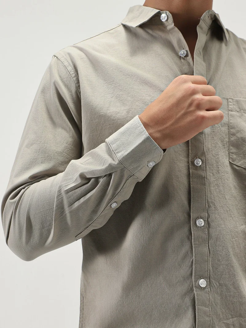 Urbano Fashion  Urbano Fashion Men's Light Olive Cotton Full Sleeve Regular Fit Casual Solid Slub Shirt with Spread Collar  | Best Price UAE