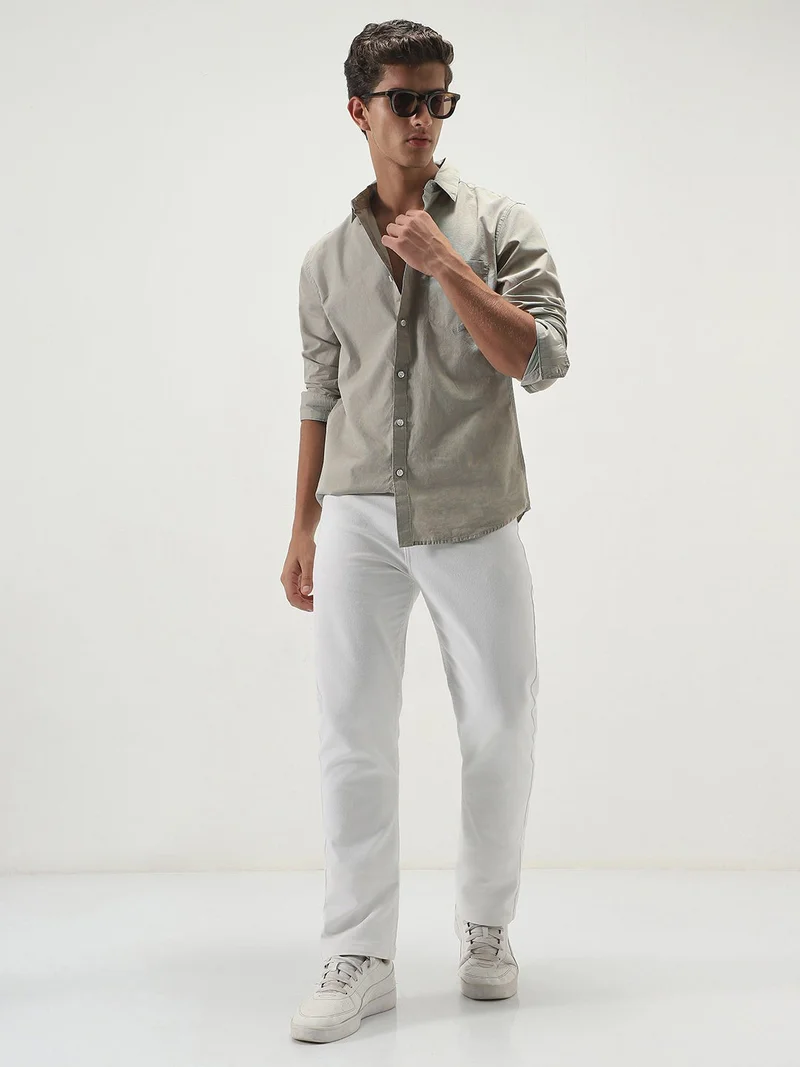 Urbano Fashion  Urbano Fashion Men's Light Olive Cotton Full Sleeve Regular Fit Casual Solid Slub Shirt with Spread Collar  | Best Price UAE