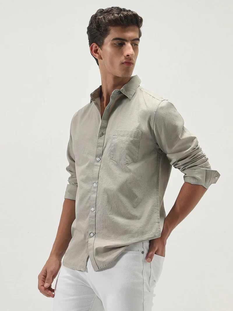 Urbano Fashion  Urbano Fashion Men's Light Olive Cotton Full Sleeve Regular Fit Casual Solid Slub Shirt with Spread Collar  | Best Price UAE