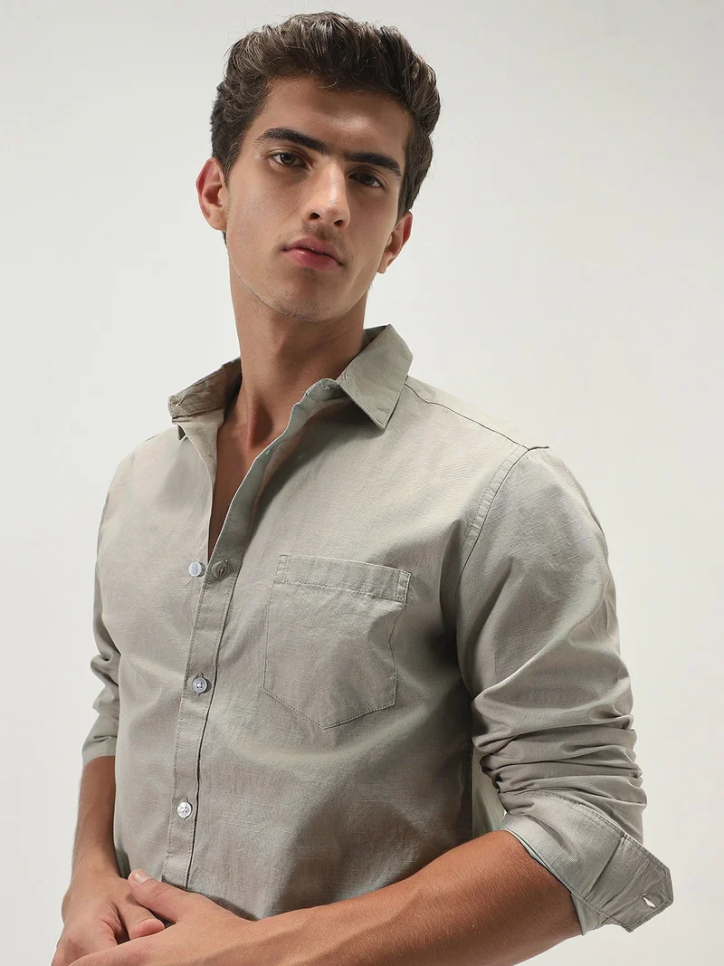 Urbano Fashion Men's Light Olive Cotton Full Sleeve Regular Fit Casual Solid Slub Shirt with Spread Collar