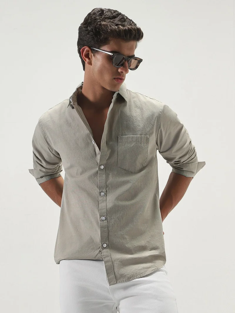 Urbano Fashion  Urbano Fashion Men's Light Olive Cotton Full Sleeve Regular Fit Casual Solid Slub Shirt with Spread Collar  | Best Price UAE