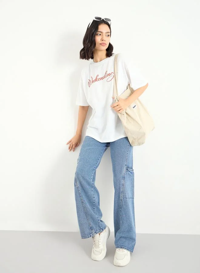 Styli Styli White Weekending Slogan Oversized T-Shirt