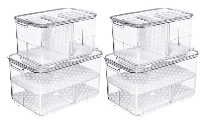 FRIDGE PRODUCE SAVER STORAGE VEGETABLE FRUIT CONTAINERS FOOD PRODUCE SAVER CONTAINER STACKABLE REFRIGERATOR ORGANIZER BINS FRESH KEEPER DRAWERS ORGANIZER SET OF 4