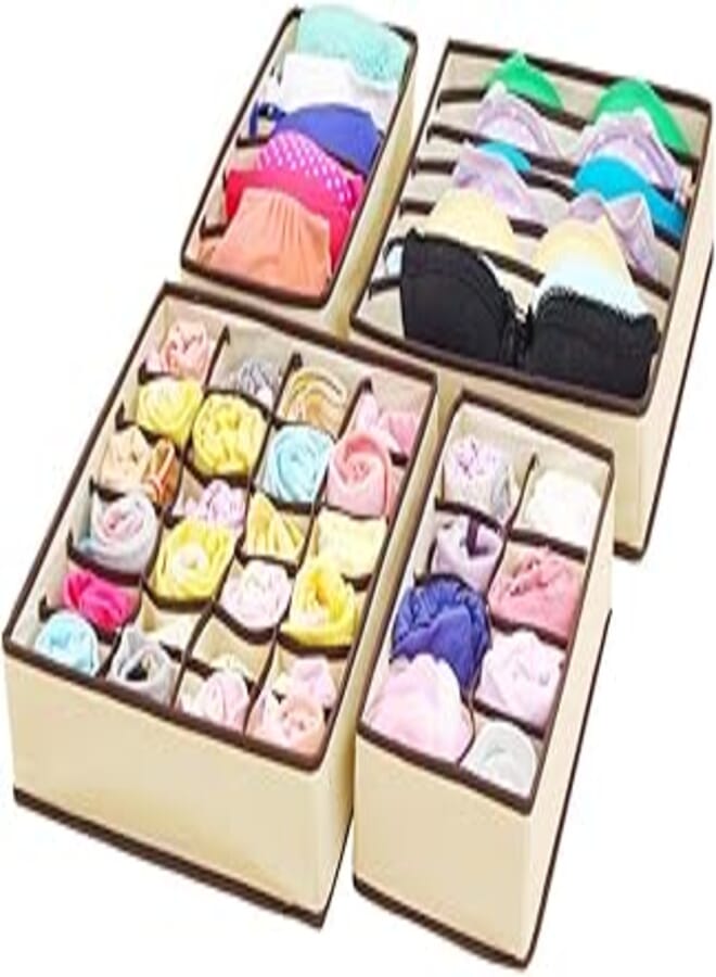 Sitake foldable closet underwear organizer, 4 set - storage boxes under bed organizer for underwear, bras, socks, ties, belts, tank tops - drawer dresser divider - closet organizers - 4 pack (beige)