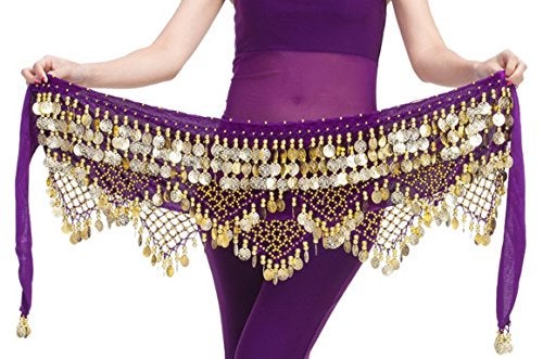 Aivtalk Hip Scarf with Coins for Women Bling Belly Dance Wrap Belt Fringe Skirt with Coins Polyester Purple - Image 1