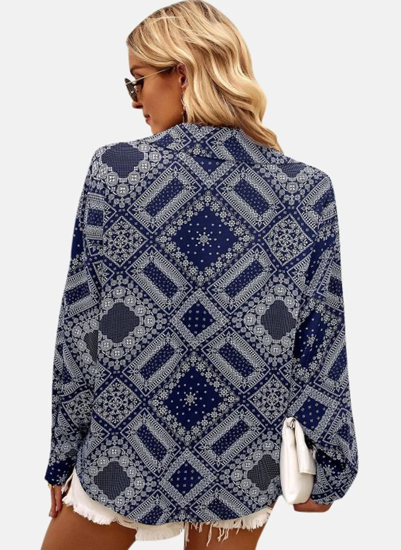 YUNIQEE Blue Shirt Collar Printed Top