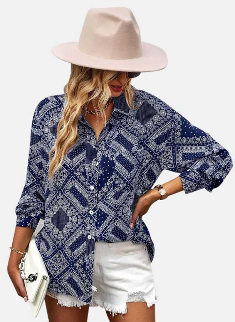 YUNIQEE Blue Shirt Collar Printed Top
