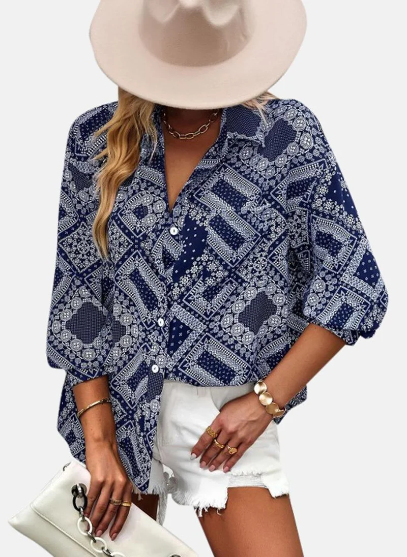 YUNIQEE Blue Shirt Collar Printed Top