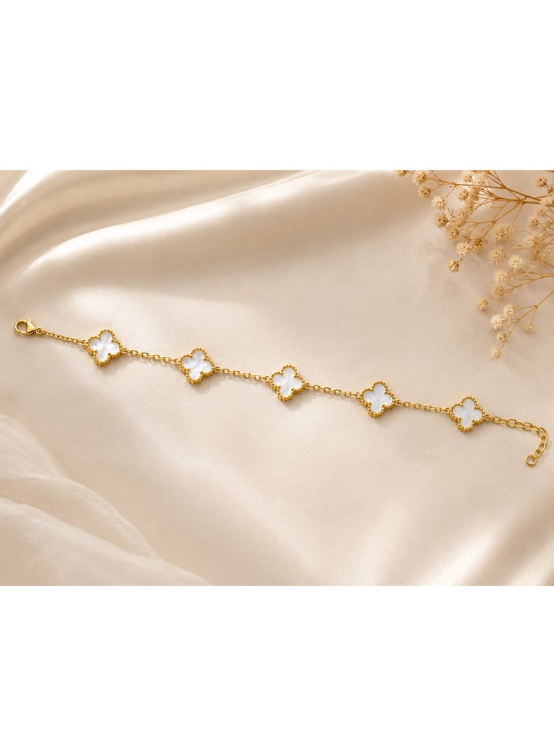 SHEIN Four Leaf Clover Bracelet for Women – Elegant Gold Stainless Steel Bracelet with White Clover Charms - Image 5