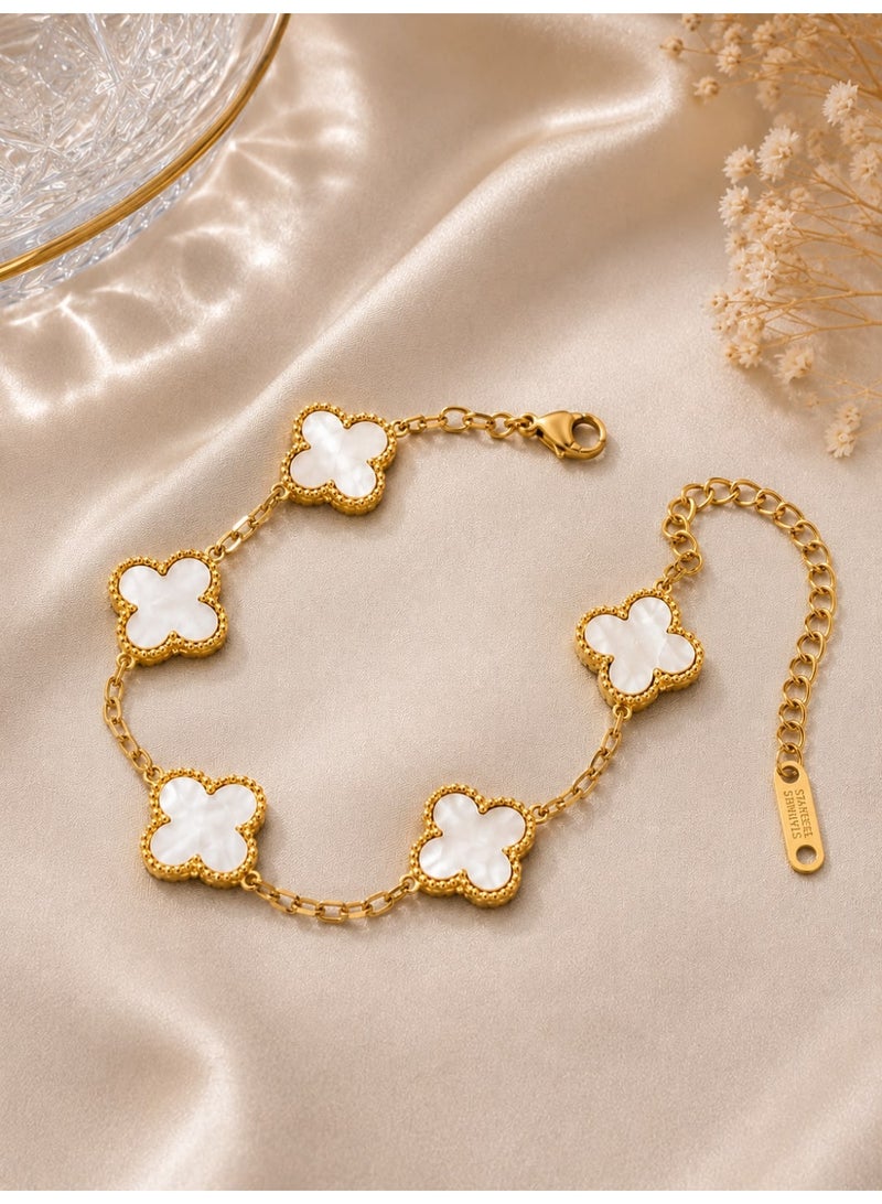 SHEIN Four Leaf Clover Bracelet for Women – Elegant Gold Stainless Steel Bracelet with White Clover Charms - Image 2