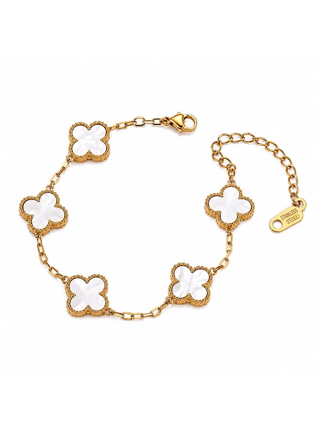 SHEIN Four Leaf Clover Bracelet for Women – Elegant Gold Stainless Steel Bracelet with White Clover Charms - Image 3