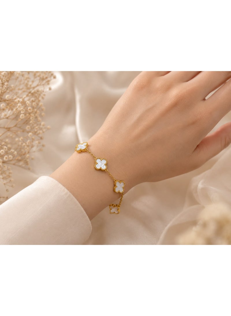 SHEIN Four Leaf Clover Bracelet for Women – Elegant Gold Stainless Steel Bracelet with White Clover Charms - Image 1