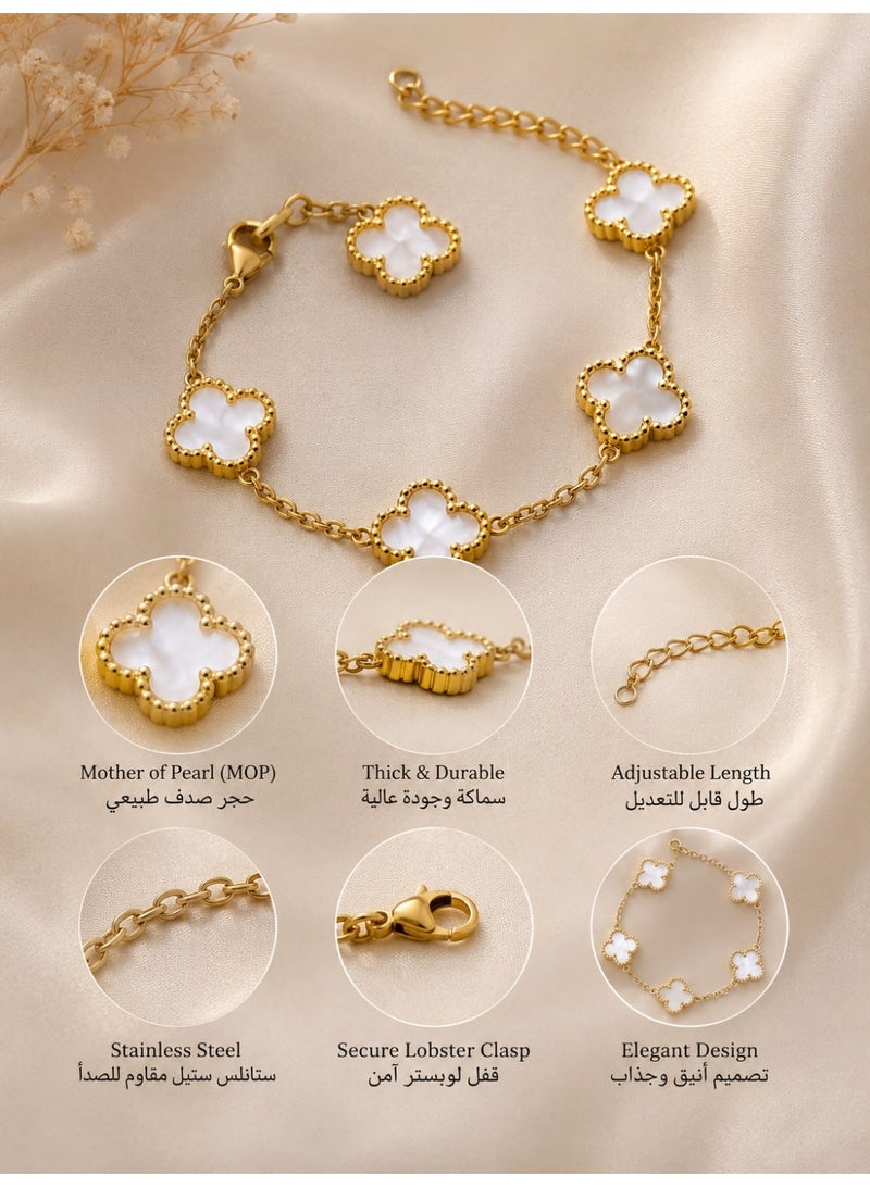 SHEIN Four Leaf Clover Bracelet for Women – Elegant Gold Stainless Steel Bracelet with White Clover Charms - Image 4