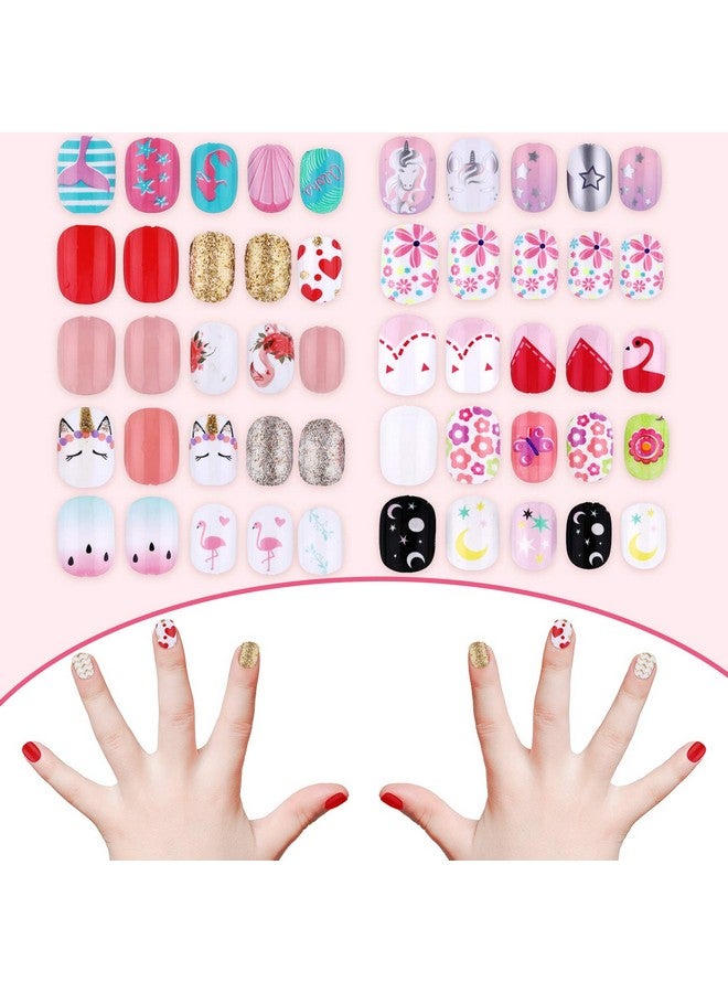 مايتيز 240 قطعة من الأظافر الصناعية للأطفال اضغط على أظافر اصطناعية قصيرة لطيفة بالغراء مسبقًا بغطاء كامل من الأكريليك لتزيين أظافر الأطفال والفتيات الصغيرات 10 صناديق (زهرة وردية) - Image 5
