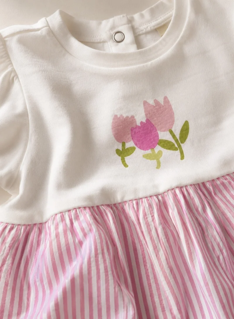 Victor And Jane  Infant Girls Floral Yoke Bubble Romper with Pink Stripe Bottom for Women | Best Price UAE