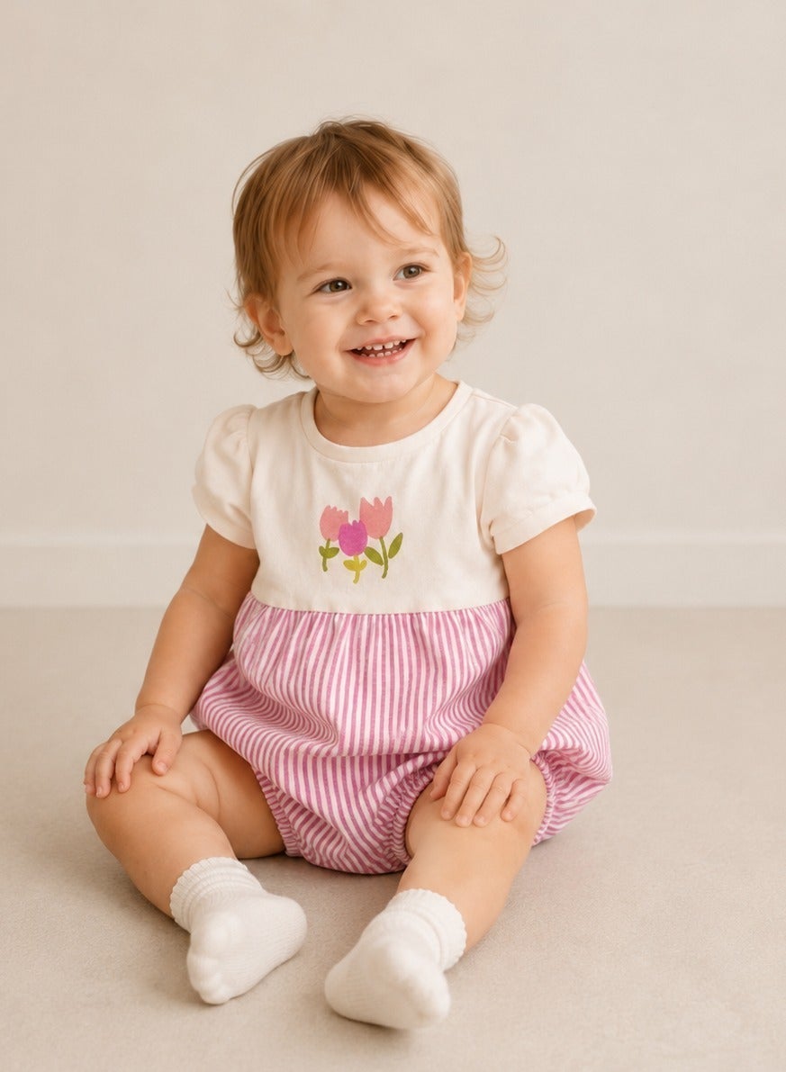 victor and jane Infant Girls Floral Yoke Bubble Romper with Pink Stripe Bottom