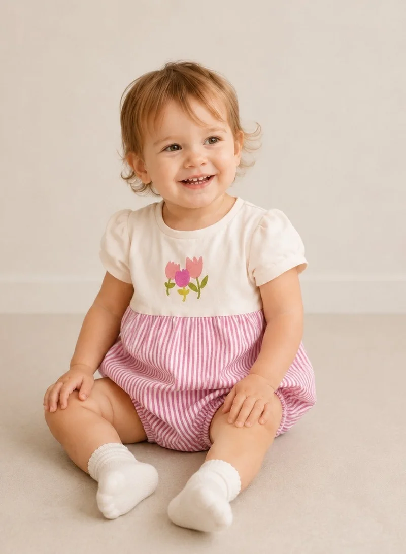 فكتور اند جين Infant Girls Floral Yoke Bubble Romper with Pink Stripe Bottom