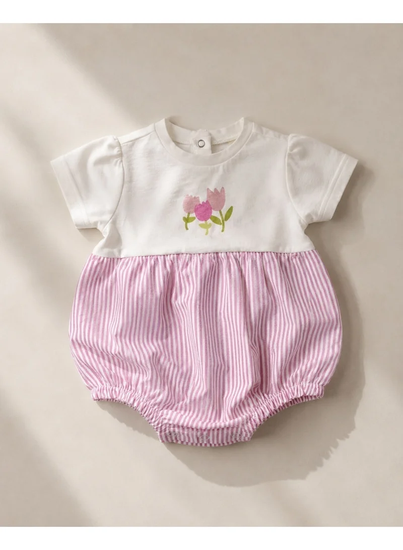 Victor And Jane  Infant Girls Floral Yoke Bubble Romper with Pink Stripe Bottom for Women | Best Price UAE