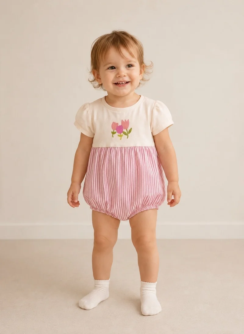 فكتور اند جين Infant Girls Floral Yoke Bubble Romper with Pink Stripe Bottom