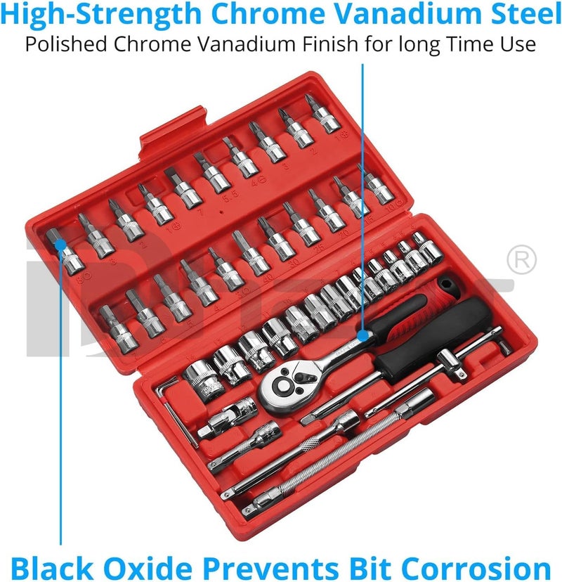 DHARU DHARU Tool Kit 46 Pieces Socket Wrench Set with 14 inch Drive Mechanic Tools Kit Ratchet Screwdriver Sockets Kit Metric and Extension Bar for Auto Bicycle Repairing Household with Storage Case  - Image 2
