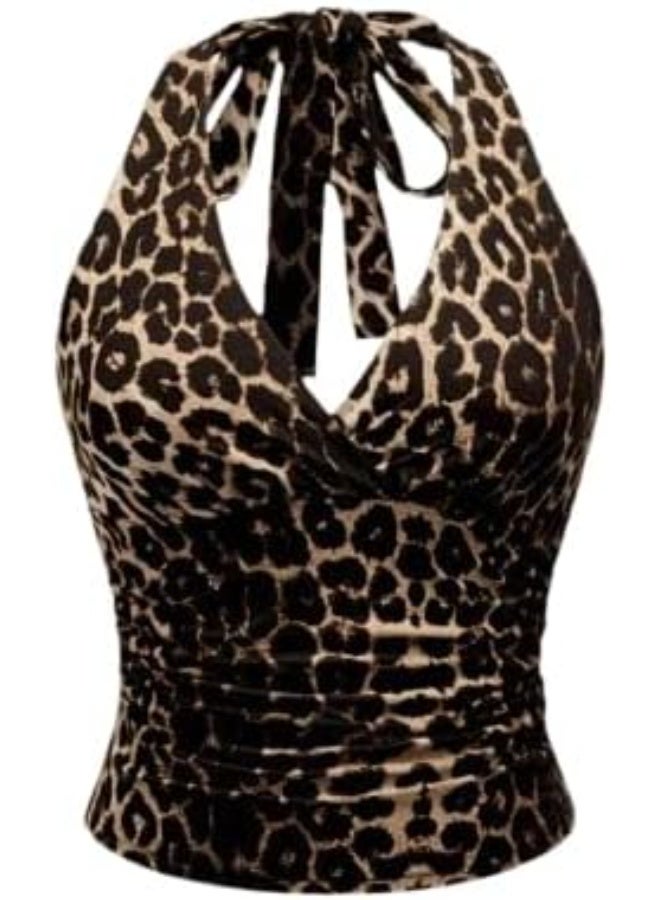 Women's Slim-Fit Crop Blouse with Leopard Print – Features Neckline Tie-Detail, Perfect for Various Daily Outfits Code 7322 - Image 1
