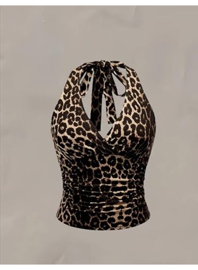 Women's Slim-Fit Crop Blouse with Leopard Print – Features Neckline Tie-Detail, Perfect for Various Daily Outfits Code 7322 - Image 2