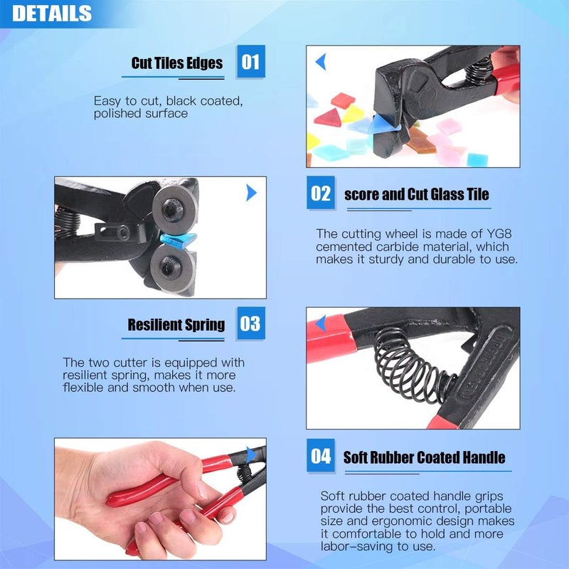 Glarks 9Pcs Mosaic Tools Set, 2Pcs Heavy Duty Wheeled Glass Mosaic Nippers and Tile Cutter Pliers with 7Pcs Mosaic Tile Tools - Image 4