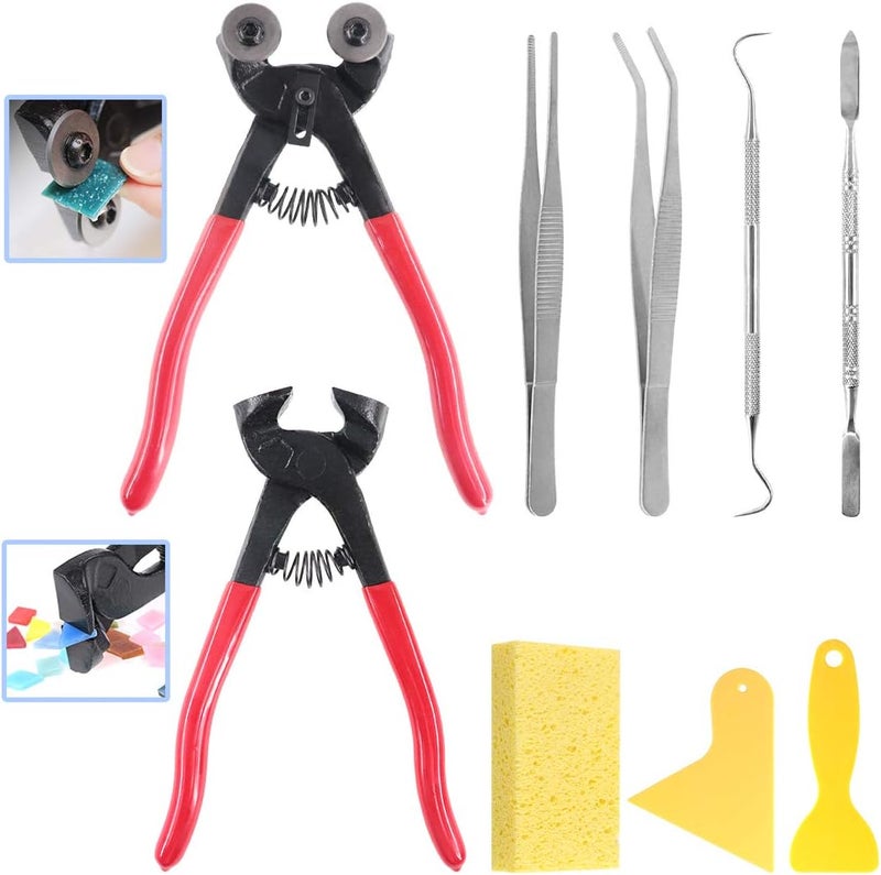 Glarks 9Pcs Mosaic Tools Set, 2Pcs Heavy Duty Wheeled Glass Mosaic Nippers and Tile Cutter Pliers with 7Pcs Mosaic Tile Tools - Image 1