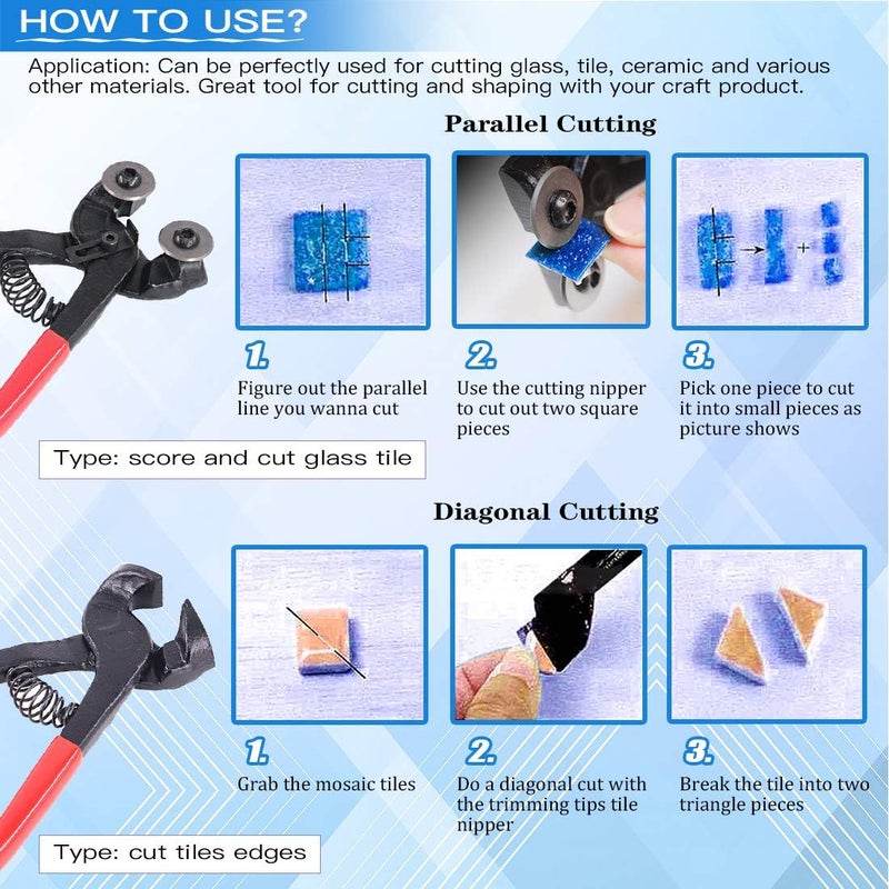 Glarks 9Pcs Mosaic Tools Set, 2Pcs Heavy Duty Wheeled Glass Mosaic Nippers and Tile Cutter Pliers with 7Pcs Mosaic Tile Tools - Image 5