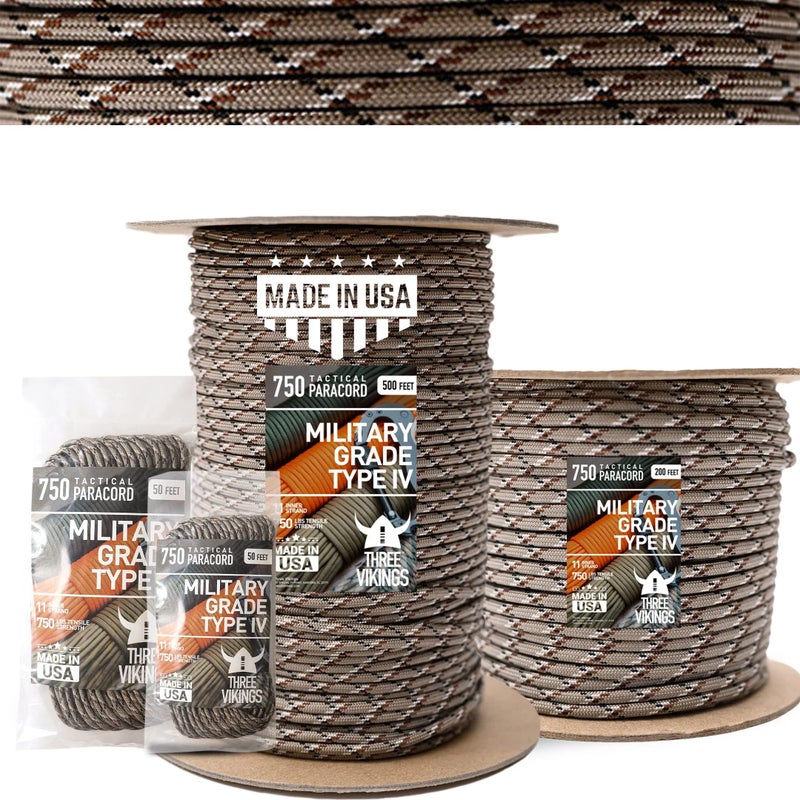 Three Vikings Paracord Rope - 100% Nylon 11 Strand Core - Type Iv 750Lb - Stronger Than Paracord 550 Cord - Made In Usa - Available In Continuous Spools And Many Colors - - Tp750-Desert Camo-25 - Image 1