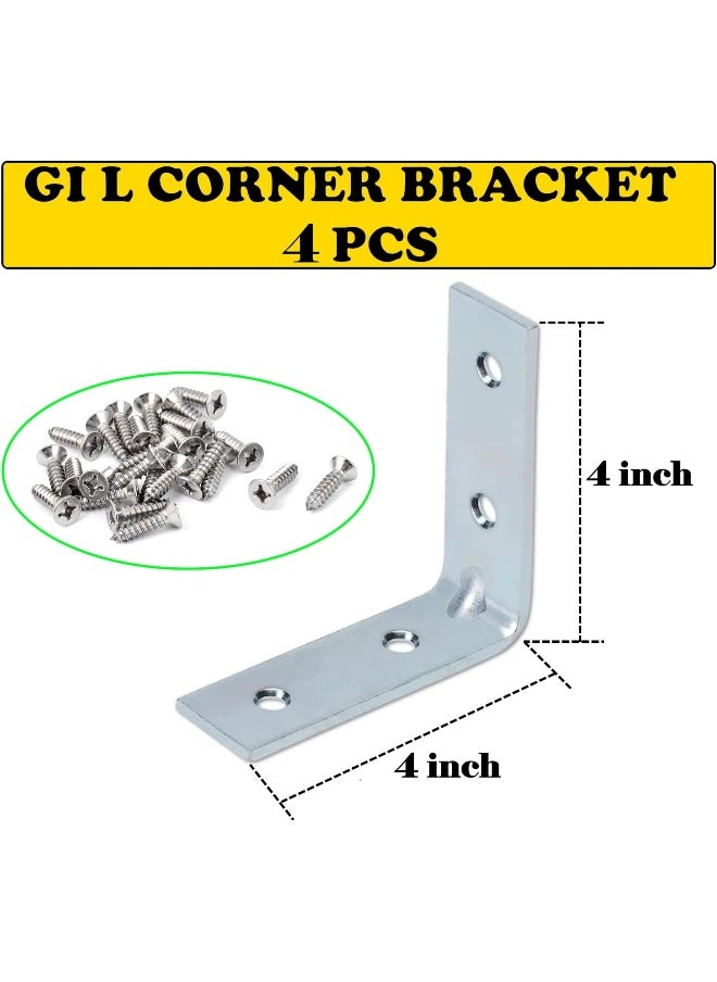 Poaker Galvanized L-Shaped Corner Bracket With Screws For Solid Shelf Support Timber Joining Fixing And Repair Ideal For Furniture Reinforcement And Home Diy Projects 4 Inch 4 Pcs  - Image 2