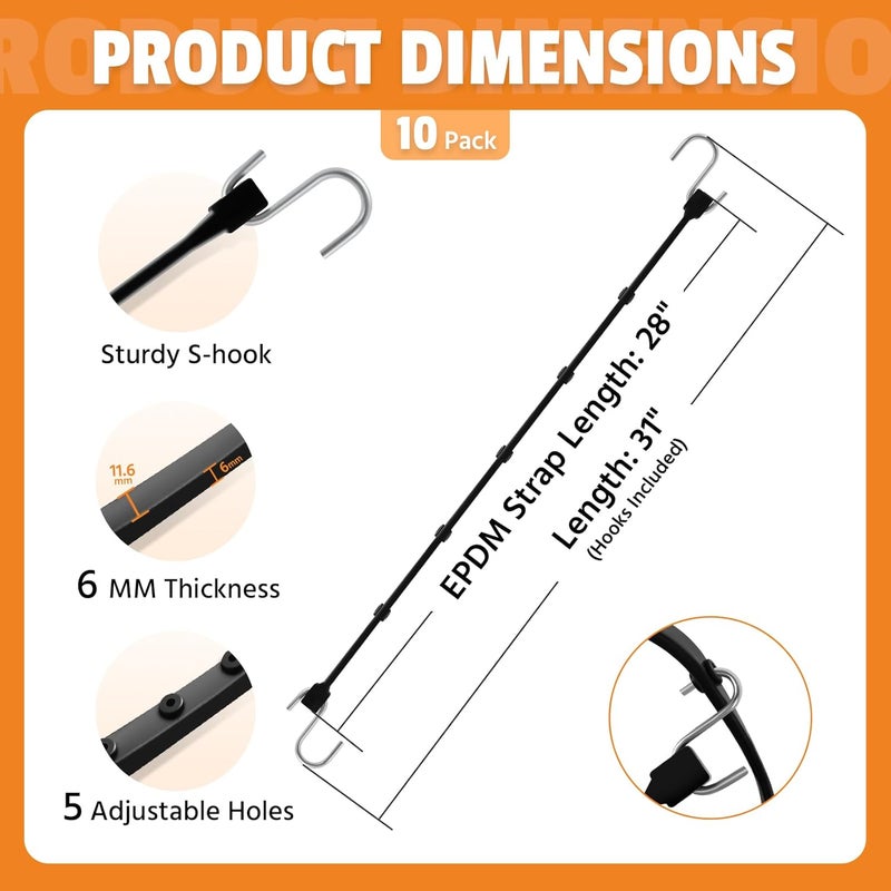 HOXWELL Adjustable 31" Rubber Bungee Cords with Hooks, EPDM Bungee Cord with 150% Max Stretch, Heavy Duty Bungee Straps for Securing Tarps, Canvases, Cargo, Motorcycle, Weatherproof, Pack of 10 - Image 3