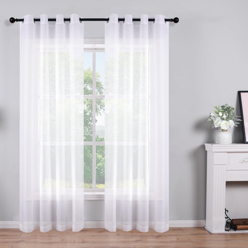 96 Inch Sheer Curtains White Grommet Set of 2 Panels Window Sheer Semi Drapes Faux Linen Look Voile Curtains for Girls Bed Room Living Bath Nursery Wide 52 x 96 Long 8ft Solid Plain Pure Bright White