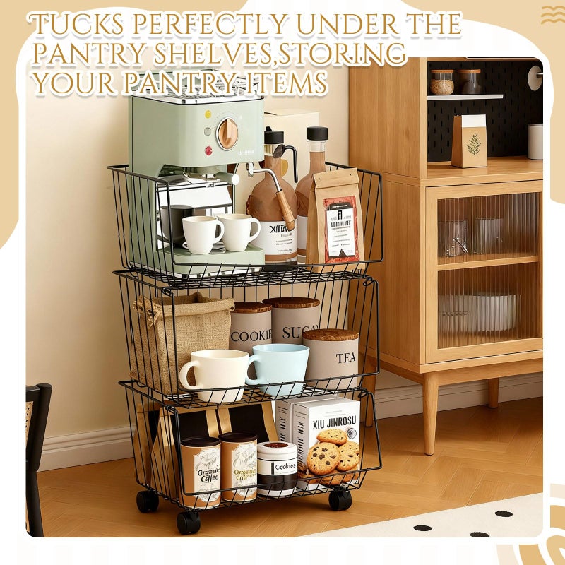 Maxdot 2 Pack 3 Tier Rolling Pantry Floor Organizer and Storage Cart with Wheels Stackable Pantry Metal Wire Baskets Kitchen Fruit Snacks Basket Stand for Kitchen Office Living Room(Black) - Image 3