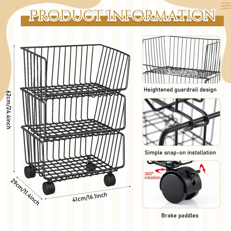 Maxdot 2 Pack 3 Tier Rolling Pantry Floor Organizer and Storage Cart with Wheels Stackable Pantry Metal Wire Baskets Kitchen Fruit Snacks Basket Stand for Kitchen Office Living Room(Black) - Image 2