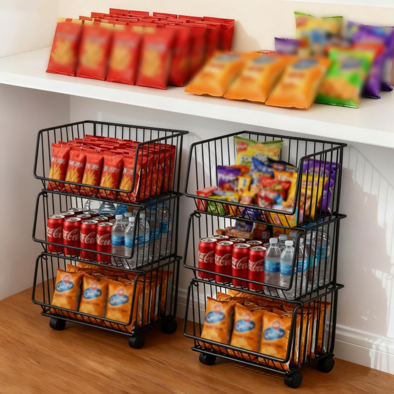 Maxdot 2 Pack 3 Tier Rolling Pantry Floor Organizer and Storage Cart with Wheels Stackable Pantry Metal Wire Baskets Kitchen Fruit Snacks Basket Stand for Kitchen Office Living Room(Black) - Image 1
