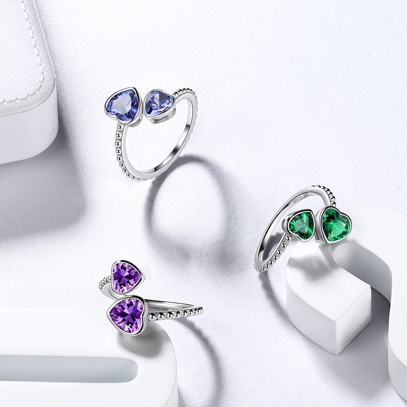 Juwaliy February Birthstone Ring Amethyst 925 Sterling Silver Double Hearts Rings Bezel Purple Women Jewelry Birthday Valentine's Day Gift - Image 4