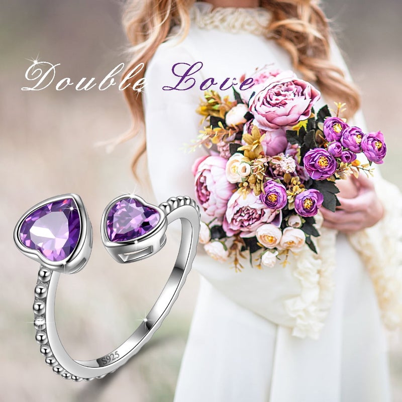 Juwaliy February Birthstone Ring Amethyst 925 Sterling Silver Double Hearts Rings Bezel Purple Women Jewelry Birthday Valentine's Day Gift - Image 3