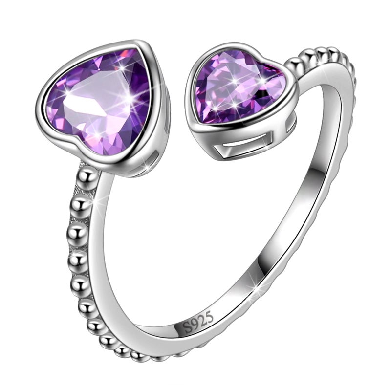 Juwaliy February Birthstone Ring Amethyst 925 Sterling Silver Double Hearts Rings Bezel Purple Women Jewelry Birthday Valentine's Day Gift - Image 1