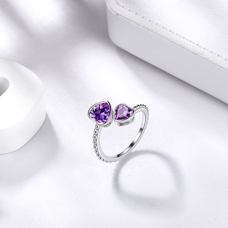 Juwaliy February Birthstone Ring Amethyst 925 Sterling Silver Double Hearts Rings Bezel Purple Women Jewelry Birthday Valentine's Day Gift - Image 2