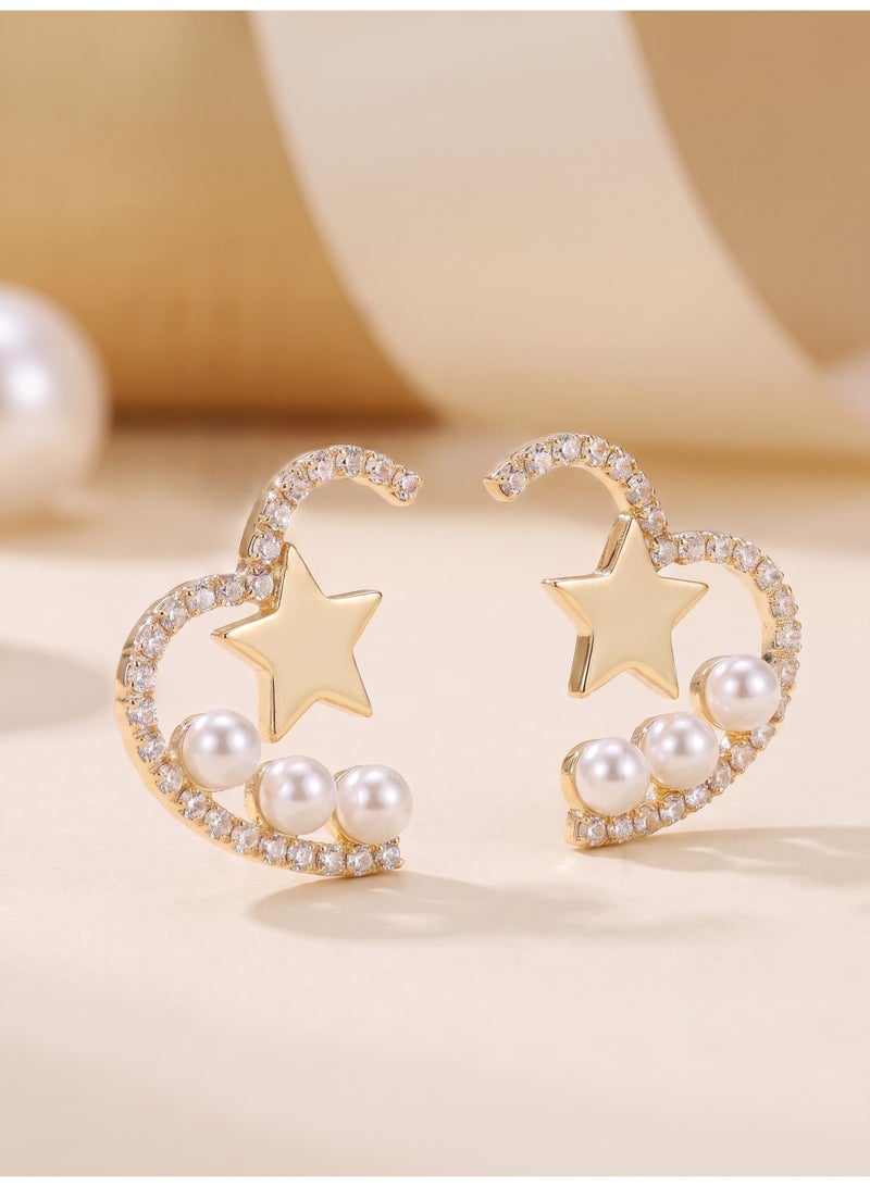 Lavida S925 Sterling Silver Post Heart Earrings, Irregular Cutout Pearl Cubic Zirconia Star Studs  Dainty Earrings for Women Daily Party Wear - Image 1