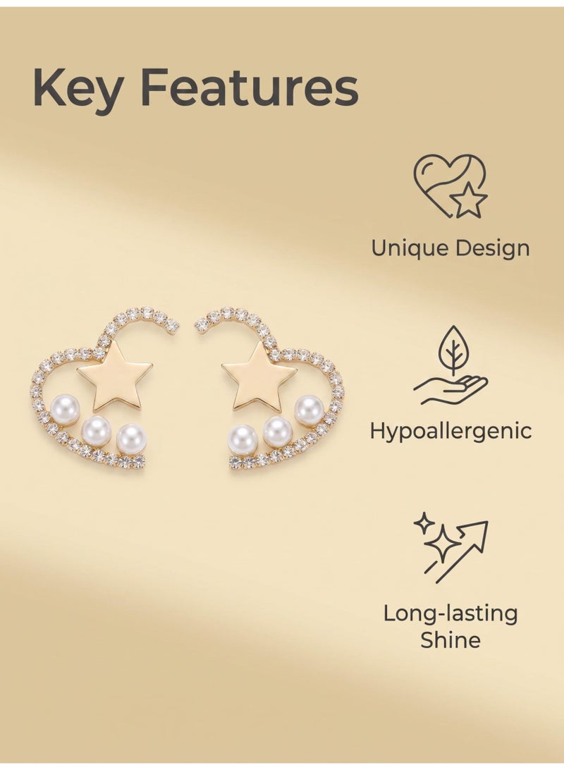 Lavida S925 Sterling Silver Post Heart Earrings, Irregular Cutout Pearl Cubic Zirconia Star Studs  Dainty Earrings for Women Daily Party Wear - Image 2